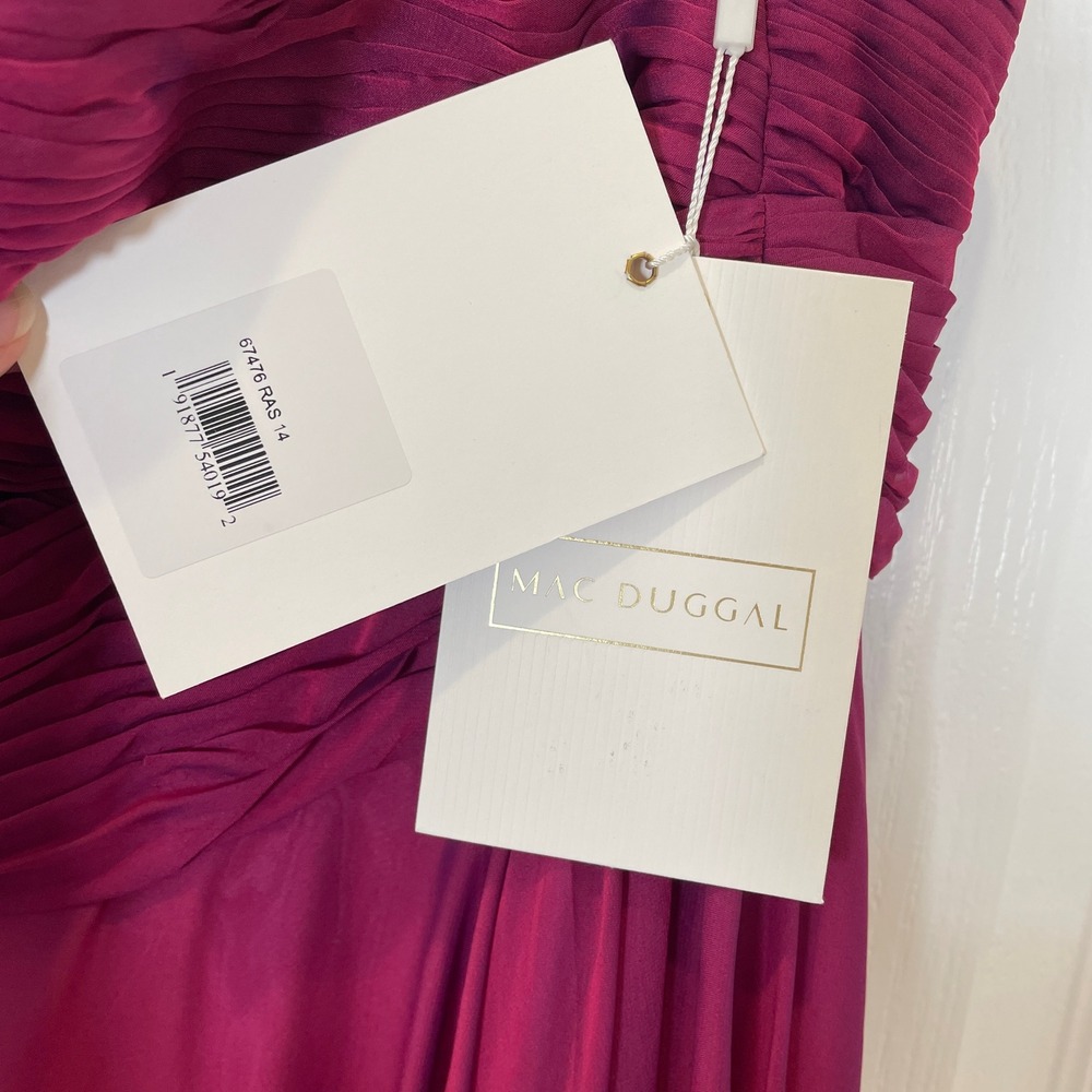 Mac Duggal One Shoulder Dress Bow Pleated Chiffon Gown Raspberry Pink NWT 14 - Picture 5 of 12